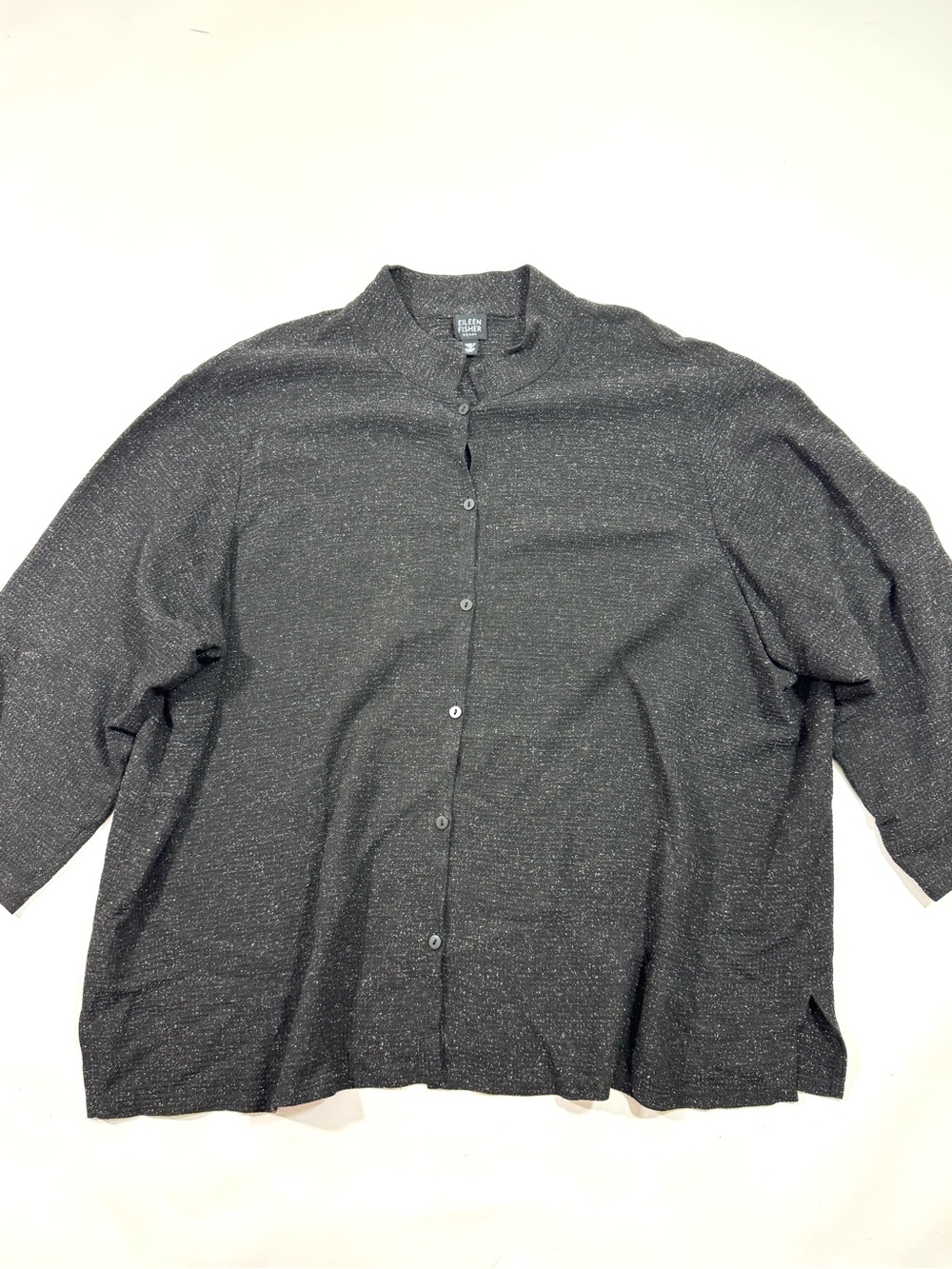Eileen Fisher Band Collar Shirt Black Speckles